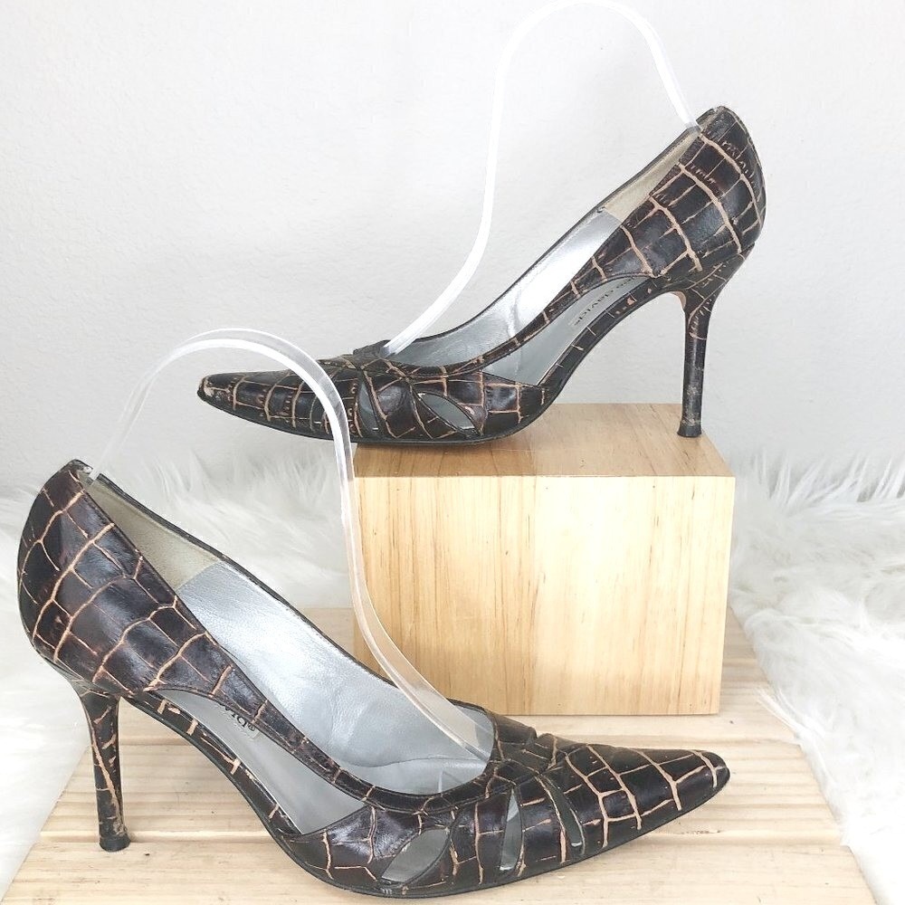 Charles David Brown Alligator Leather‎ Print Size 8B Genuine Leather Pump Heels